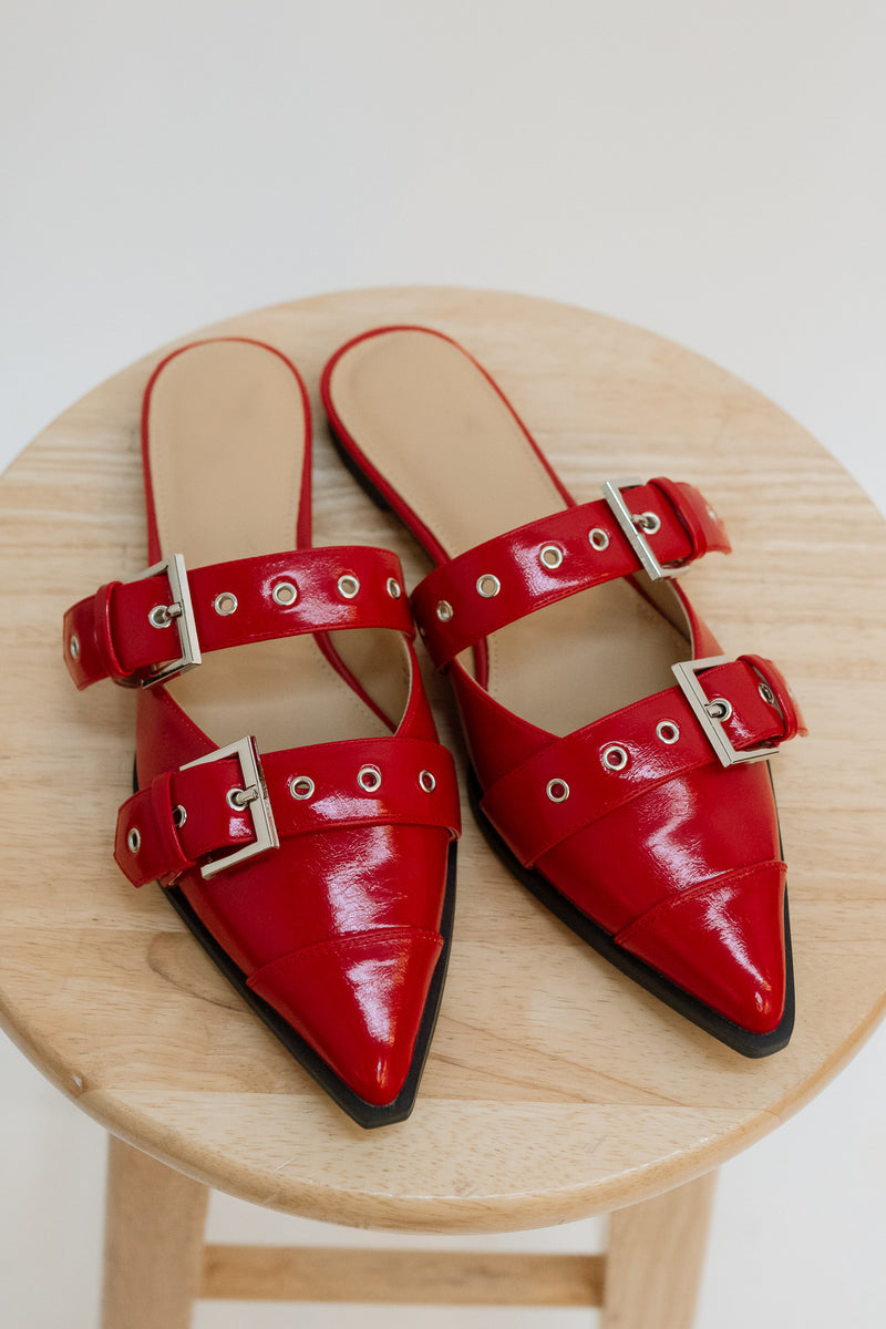 Love Okie Trendy Stylish Fall Winter Red Slip In Buckle Studded Flat Women Shoes