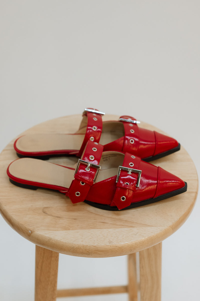 Love Okie Red Slip In Buckle Studded Flat 