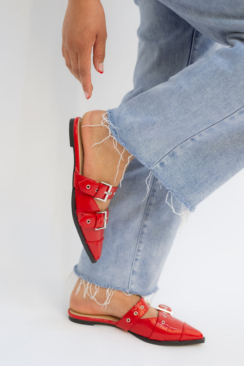 Love Okie Red Slip In Buckle Studded Flat 