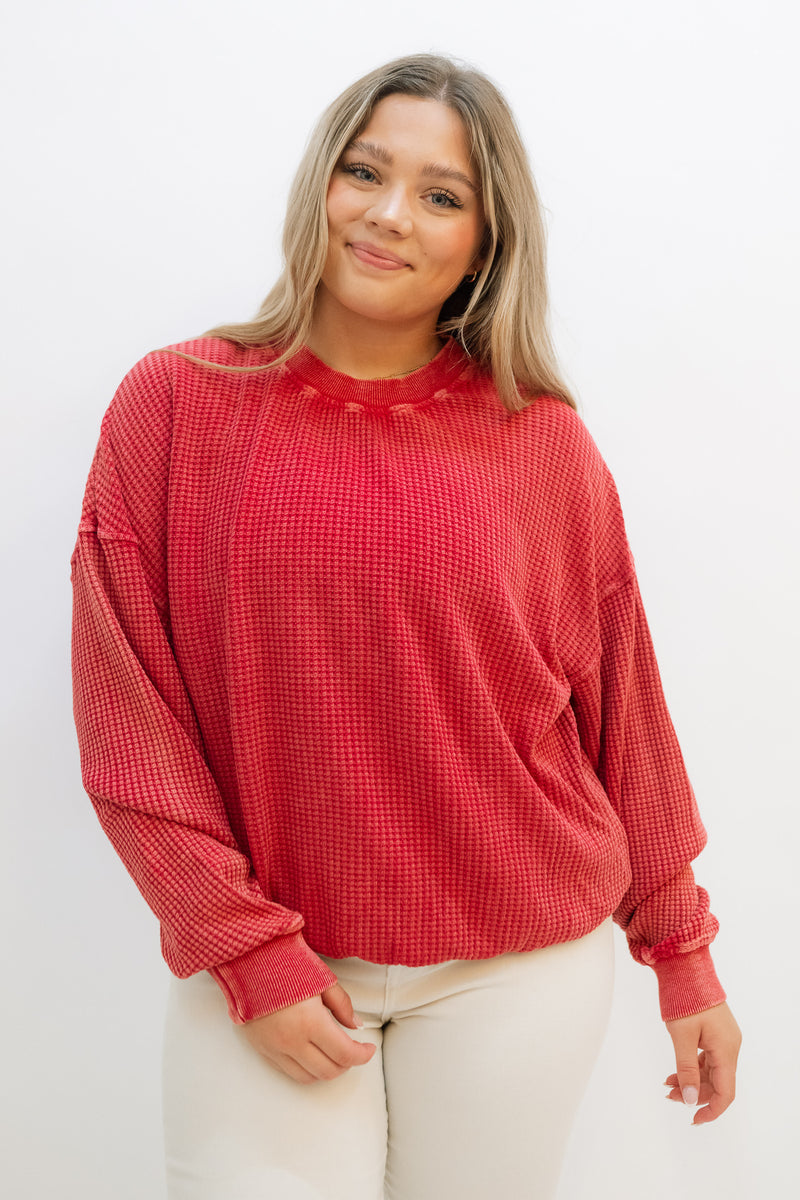 Love Okie Everyday Waffle Pullover Women Sweatshirt Easy Cosy Comfortable Loungewear Red Pullover