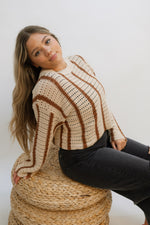 Love Okie Dani Knit Stripe Sweater Fall Outfit with beige and brown stripe crochet detail 