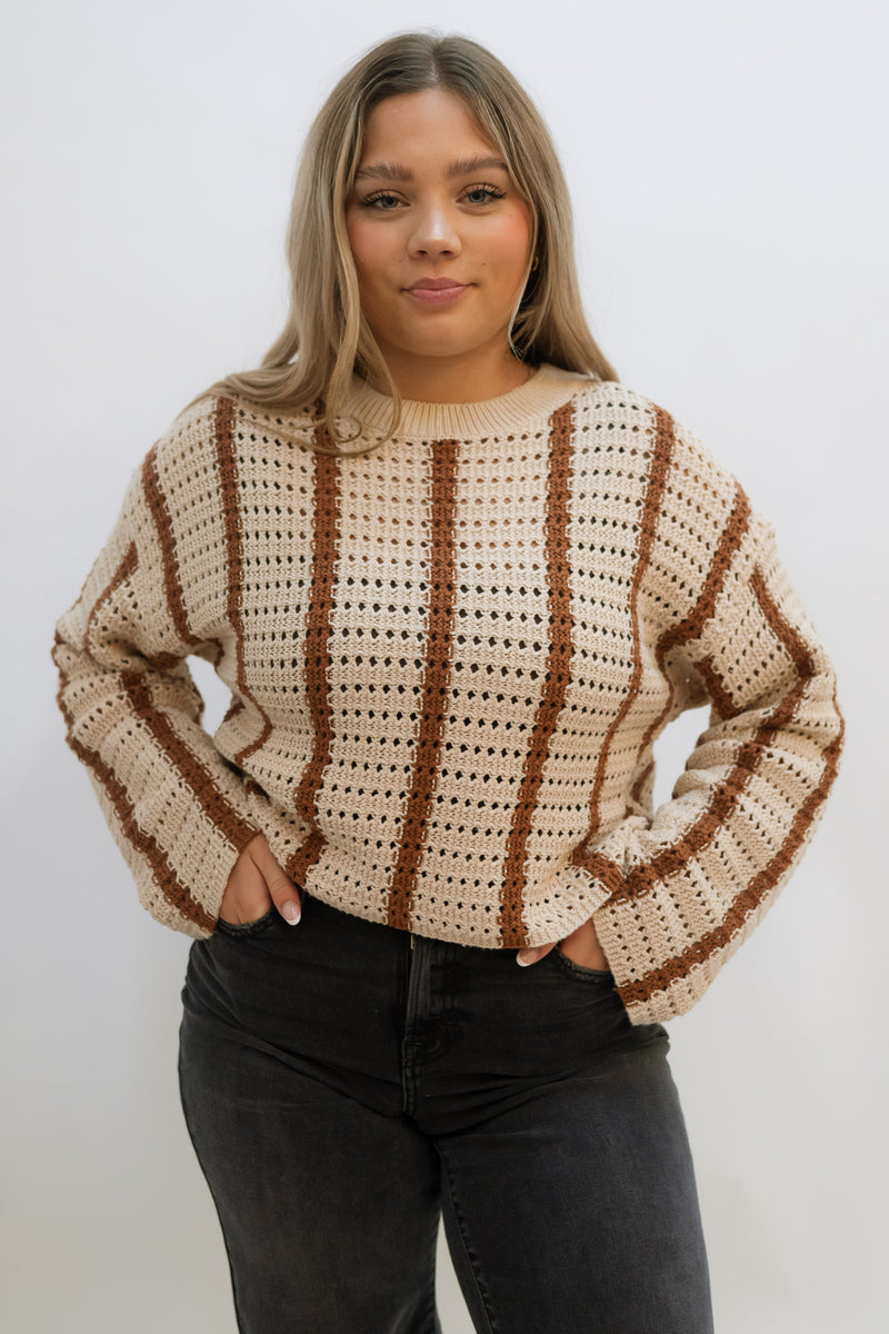 Love Okie Dani Knit Stripe Women Sweater Fall Outfit with beige and brown stripe crochet detail paired with black jeans pant