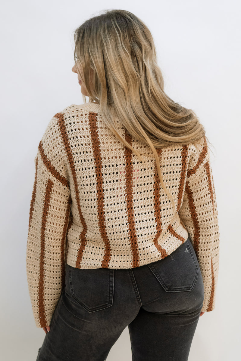 Love Okie Dani Knit Stripe Sweater Fall Outfit with beige and brown stripe crochet detail 