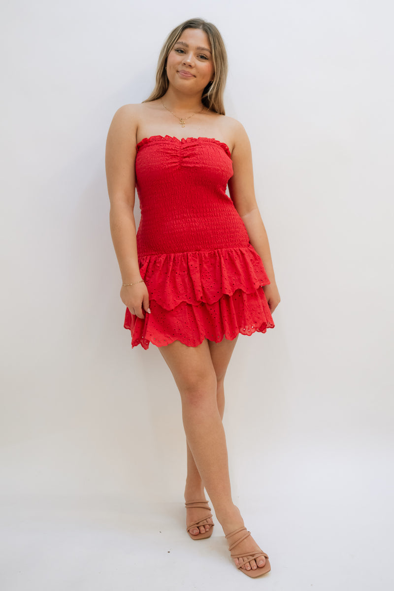 Love Okie Hailey Mini Dress Cute Women Red Short Dress with Drop Waist Smocked Detail and Ruffle Bottom