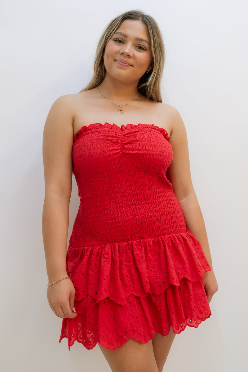 Love Okie Hailey Mini Red Dress with Sweet heart neckline and stretchy bodice with eyelet ruffle great for game day outfit