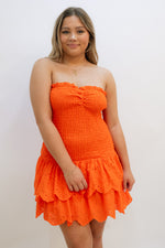 Love Okie Hailey Mini Dress Women Orange Cute Dress with Smocked Drop Waist Detail and ruffle eyelet bottom