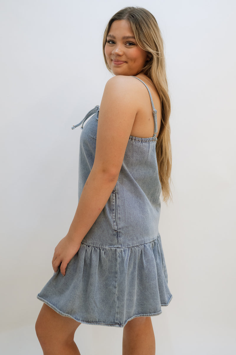 Love Okie Women Denim Bow Mini Dress with pockets game day concert outfit 