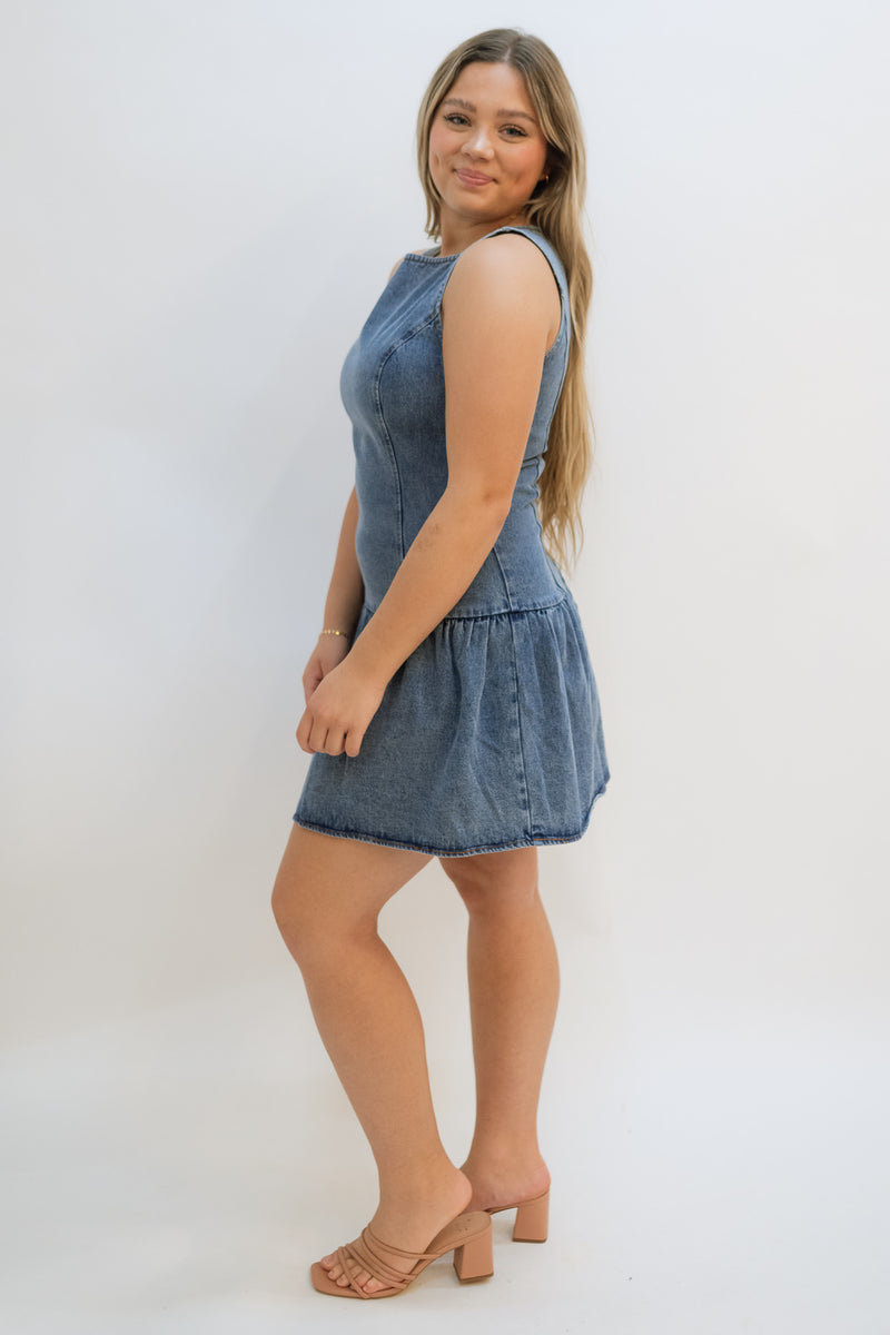 Love Okie Drop Waist Boat neck Sarah Denim mini Dress for game day and concert outfit