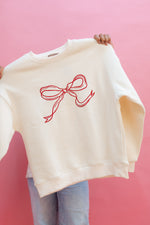 Love Okie Red Bow Ribbon Embroidered Sweatshirt Women Soft and cozy Ivory cream sweatshirt with red bow detail