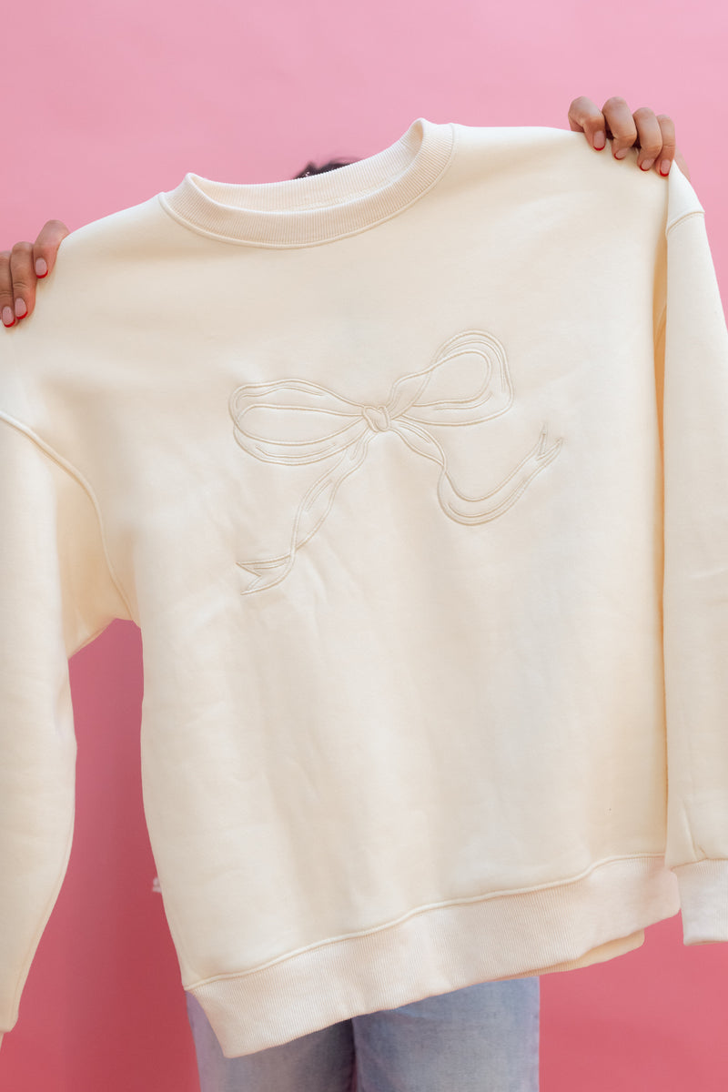 Love Okie Cream Ivory Bow Ribbon Embroidered Sweatshirt