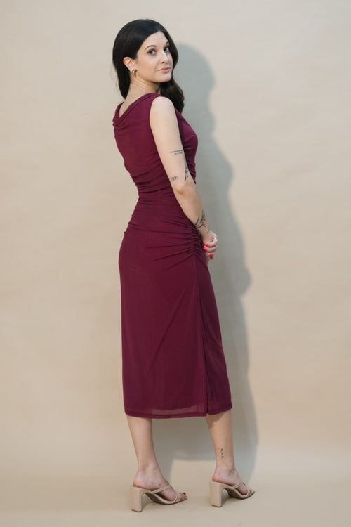 burgundy draped neckline evening dress
