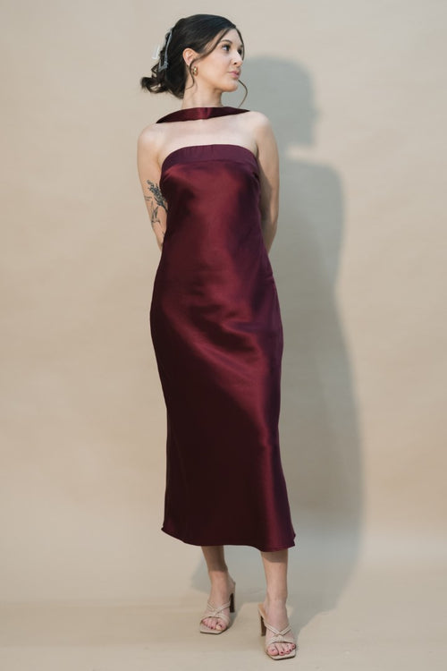 burgundy strapless satin midi dress