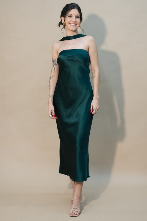 hunter green strapless satin midi dress