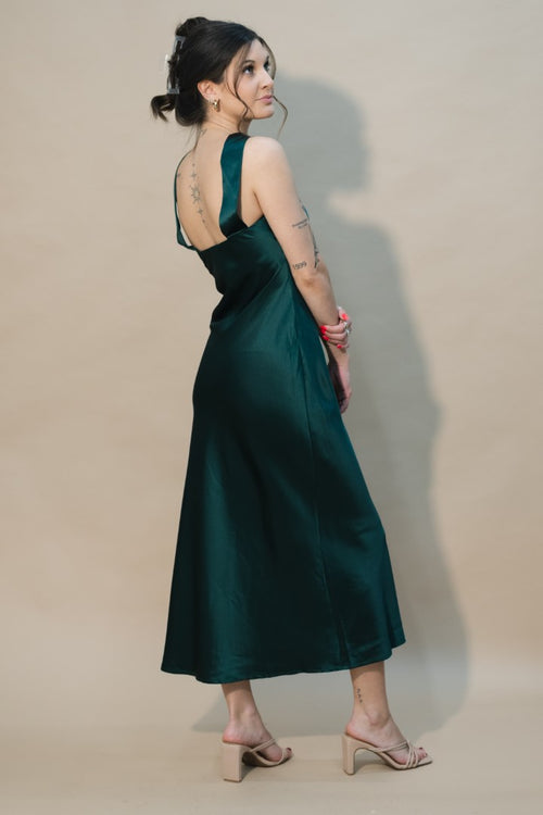 green satin holiday party dress