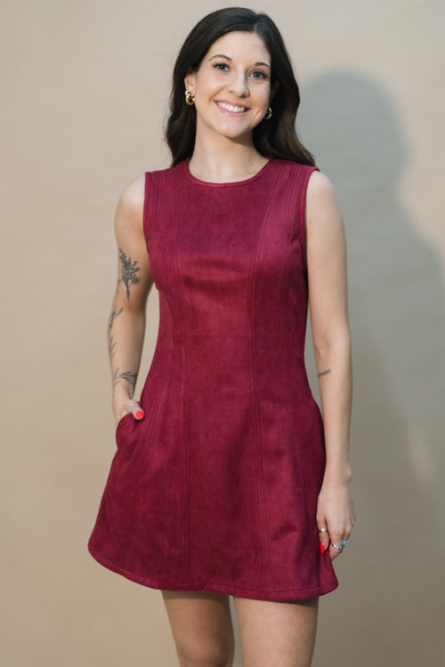 red suede sleeveless mini dress