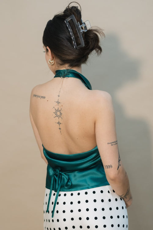 backless emerald satin blouse