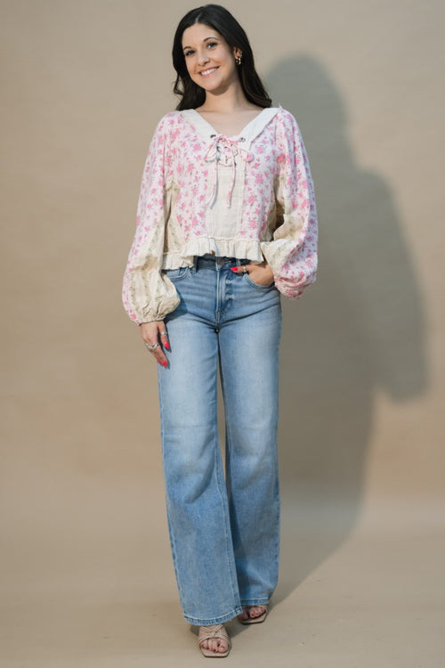 pink mixed print boho blouse