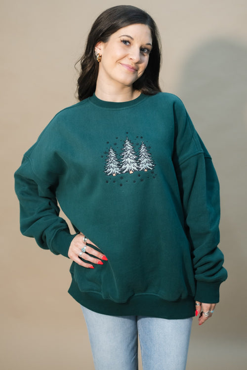 green embroidered Christmas tree sweatshirt
