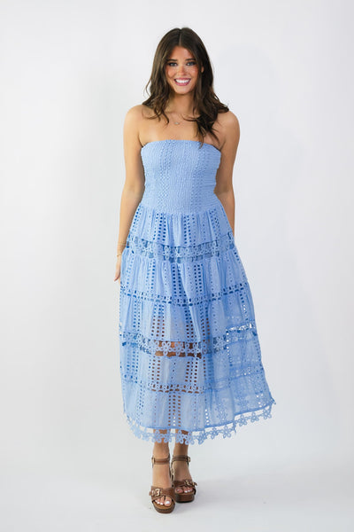 baby blue strapless eyelet midi dress