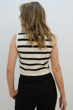 stripped black and white knit top with gold buttons