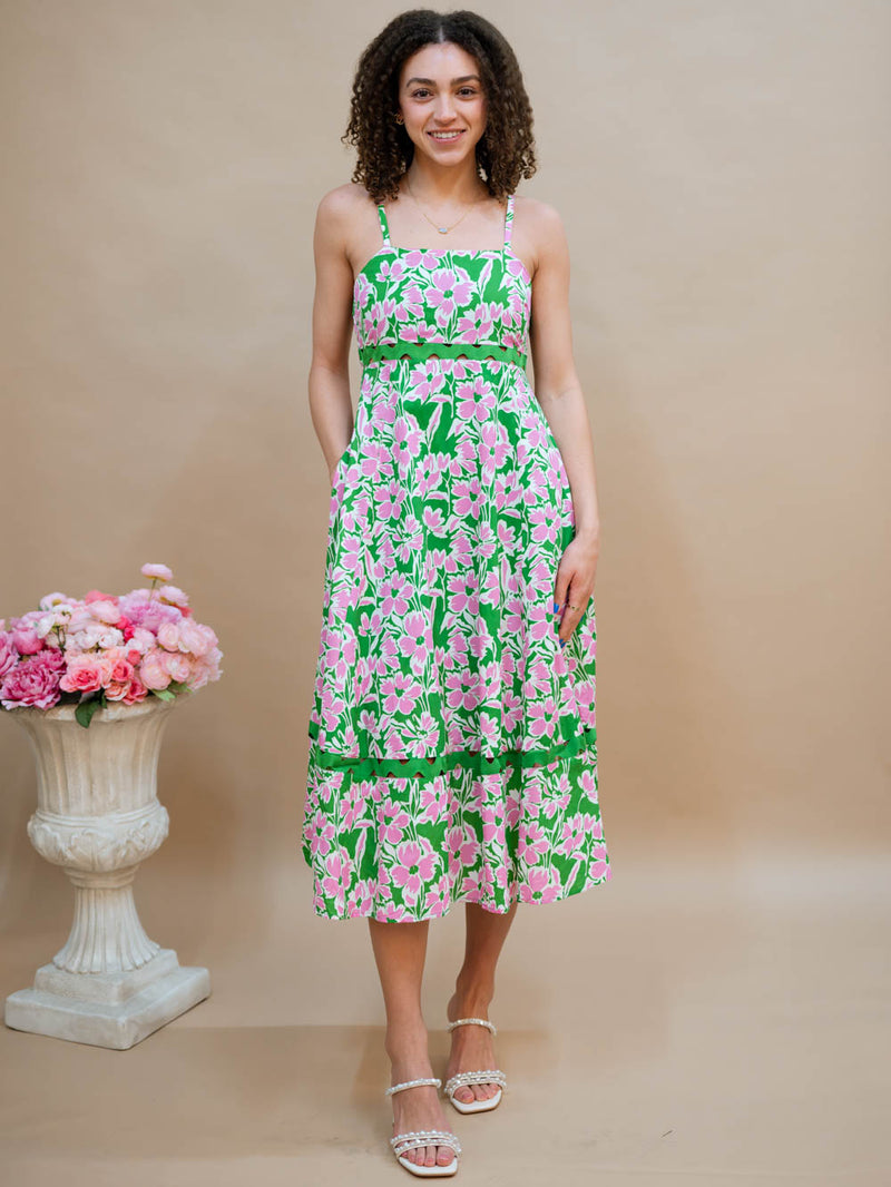 Preppy floral midi dress in kelly green