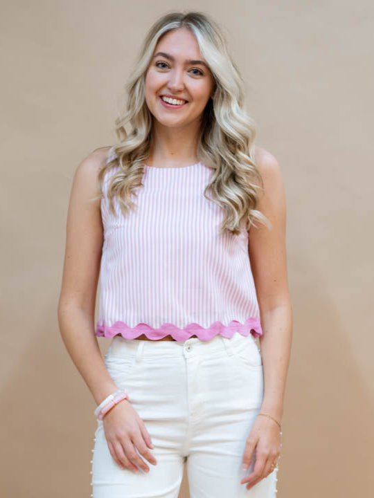 Pink striped scallop hem crop top