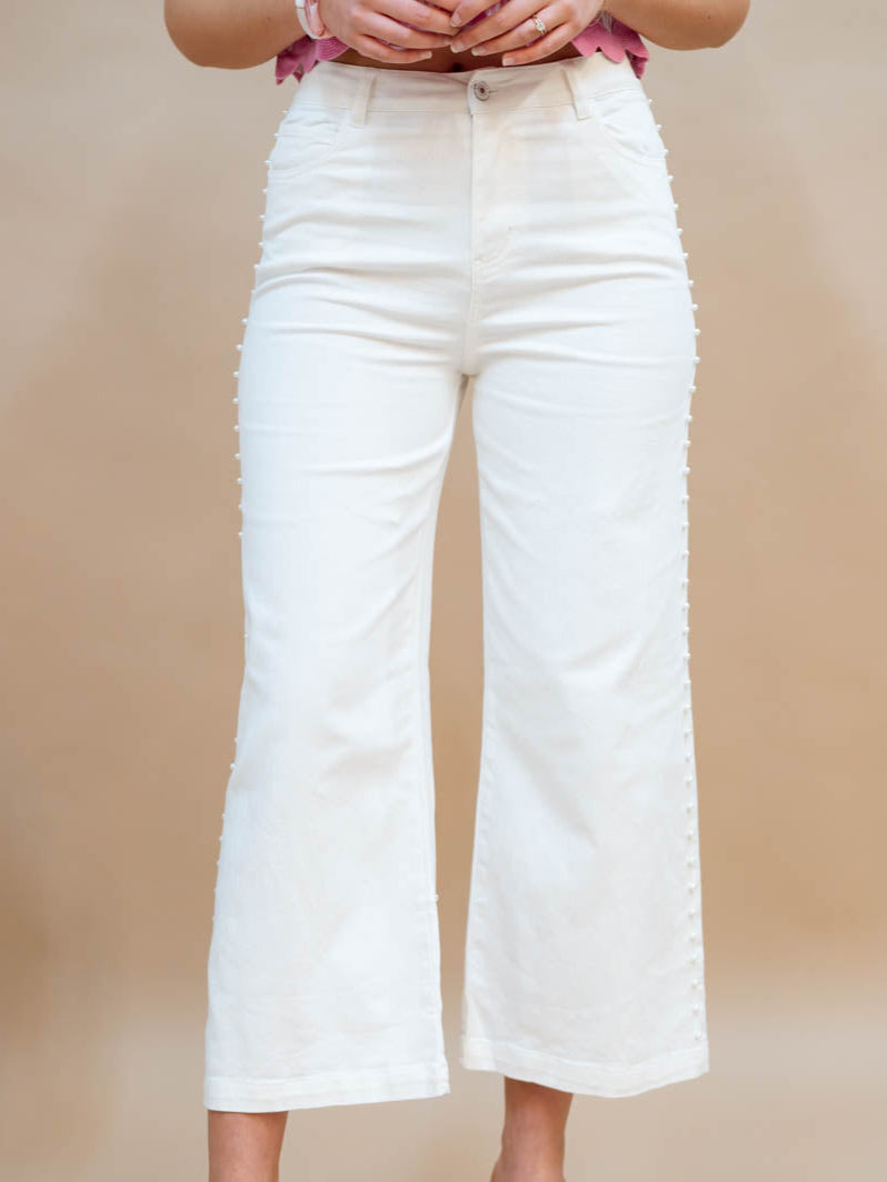 White statement denim with pearls