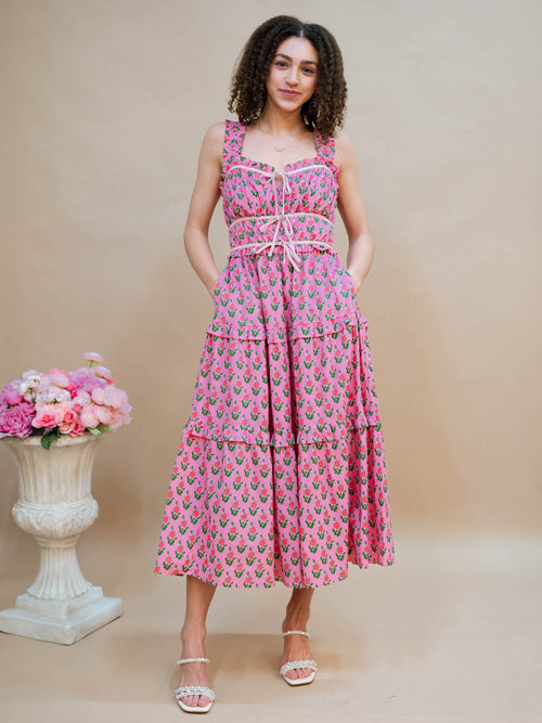 Pink tulip print midi dress