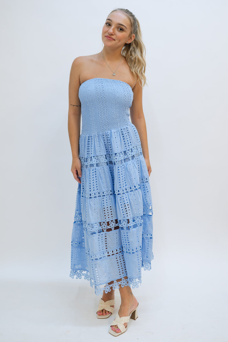 Jolene Eyelet Lace Tube Dress - Blue