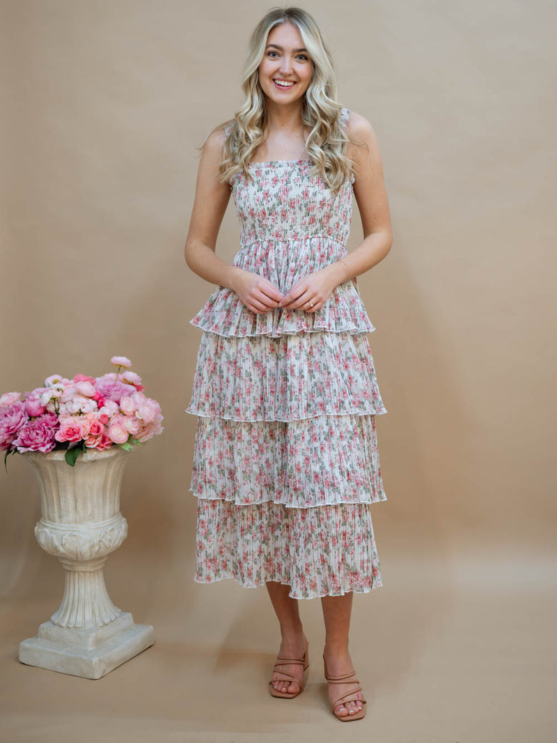 Pink floral smocked bodice dress