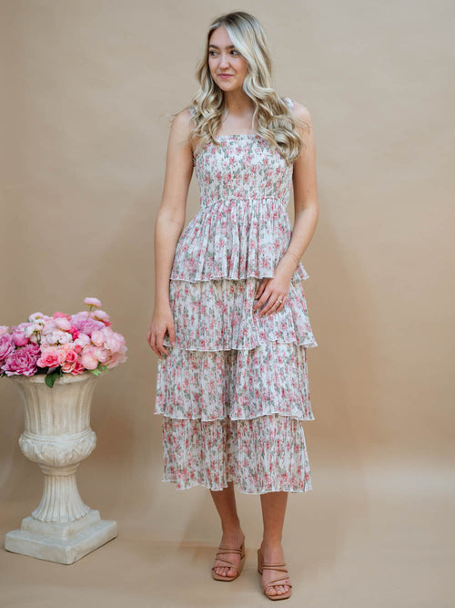 Romantic tiered floral midi dress