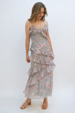 Floor length floral dress, garden party dress ideas, grey floral dress