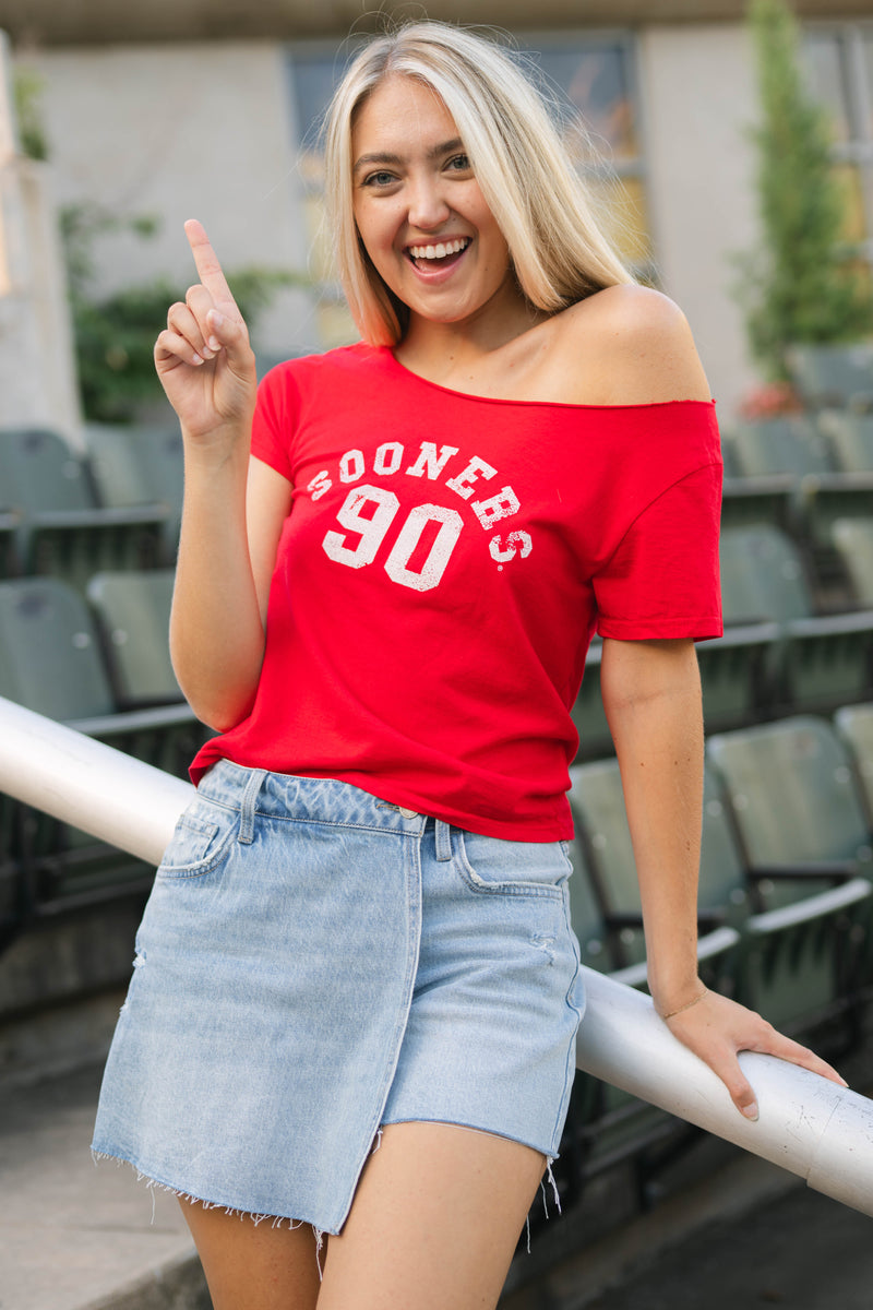 OU Sooners red off shoulder tee