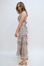 smocked grey floral dress, ruffled grey dress, hoco dress ideas, simple floral dress