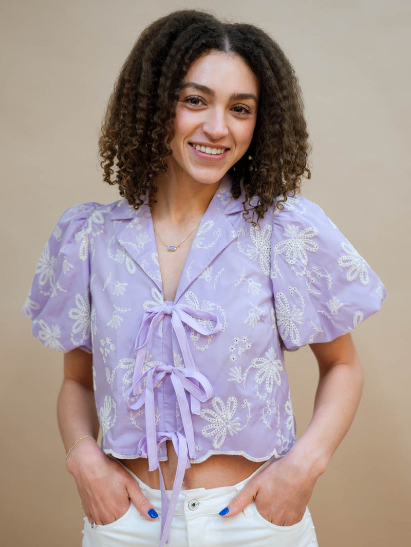 Lavender puff sleeve crop top with floral embroidery