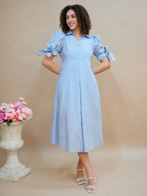 Preppy bow sleeve midi dress