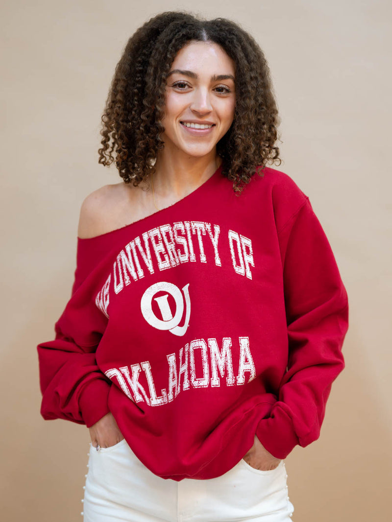 Red Oklahoma University off shoulder sweatshirt