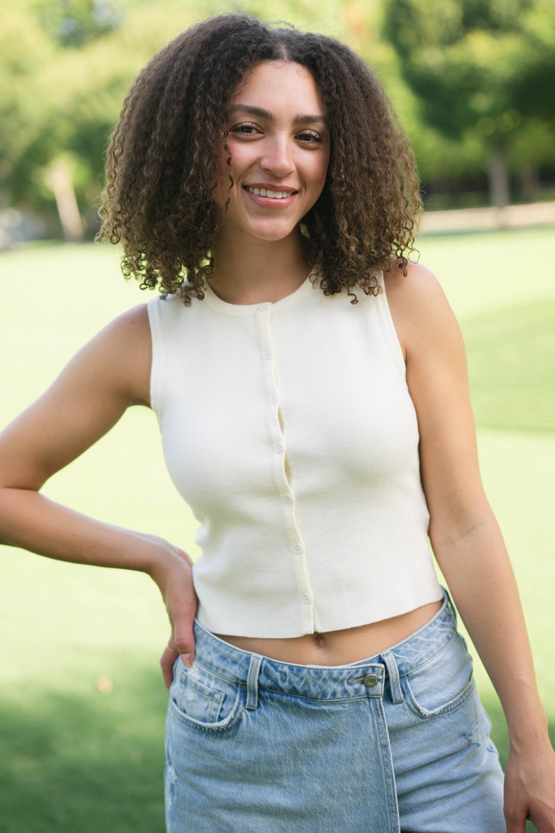 Cream button front sleeveless top