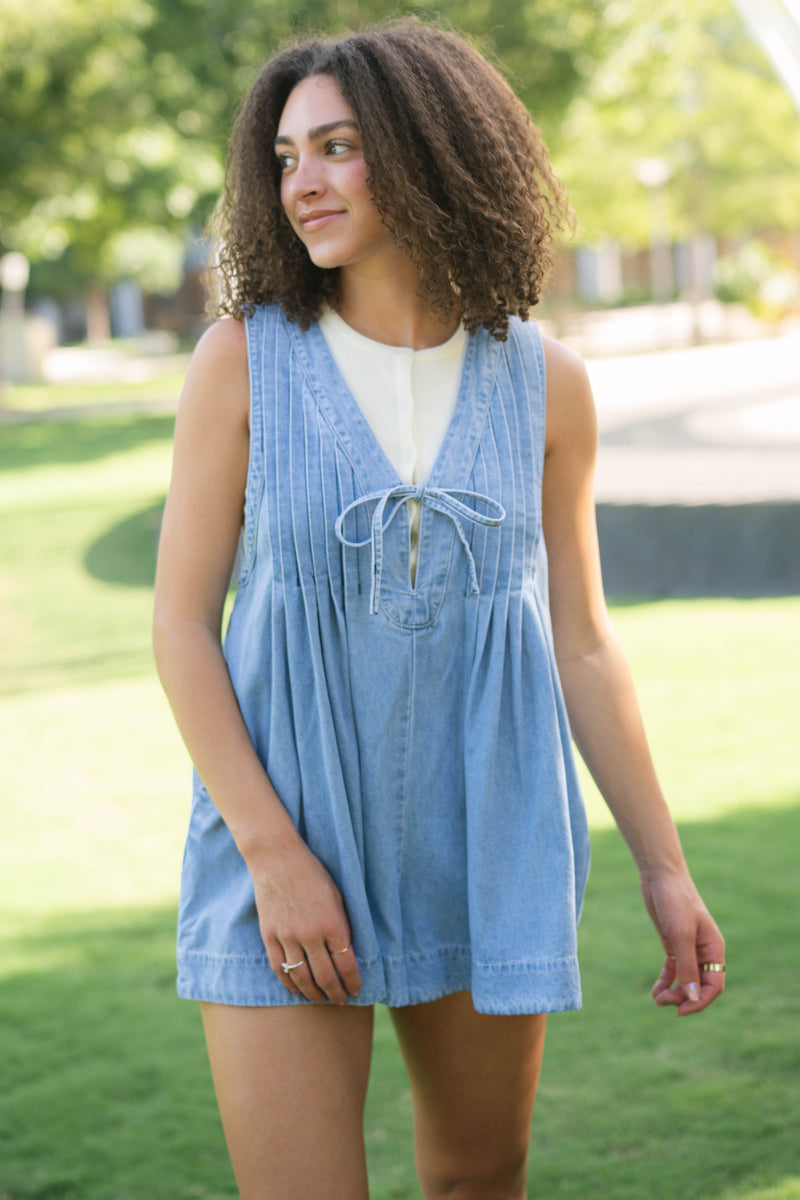 Denim playsuit with front ties