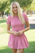 Red checkered dress ruffle sleeves