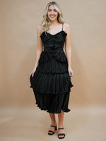 Black pleated cocktail midi dress