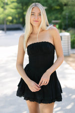 Black strapless mini dress ruffles