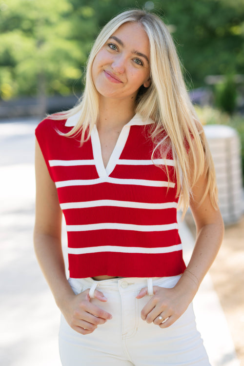 Red and white striped sleeveless top