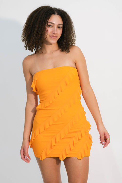 Orange strapless mini dress tropical party