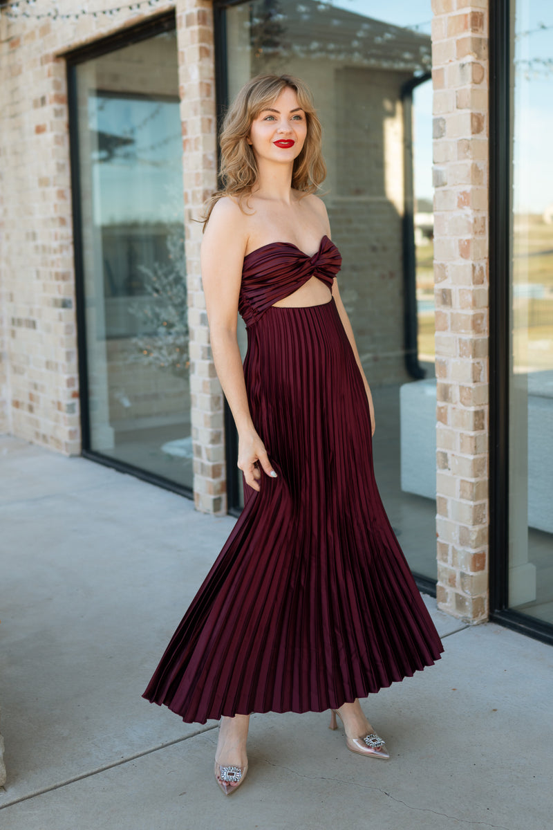 pleated formal midi dress