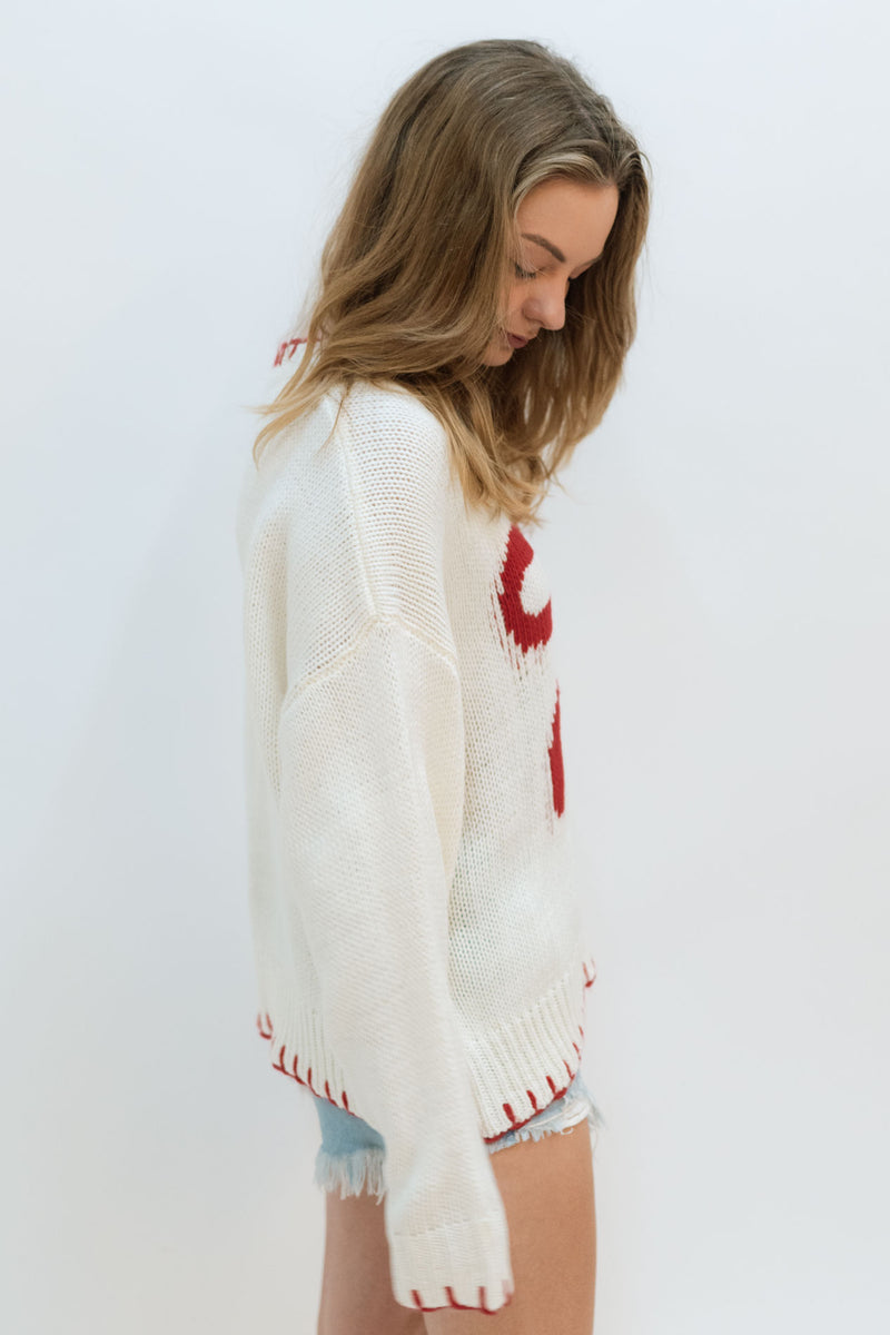 ivory white red ribbon bow sweater top