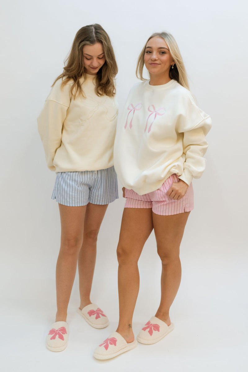 cute bow sweatshirt with pink boxer shorts