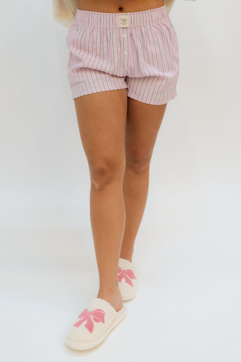 women pink and green boxer shorts with bow fuzzy slippers