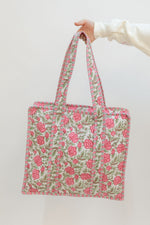 cute and preppy pink green floral quilted tote bag