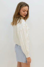 women knit front collar sweater in white